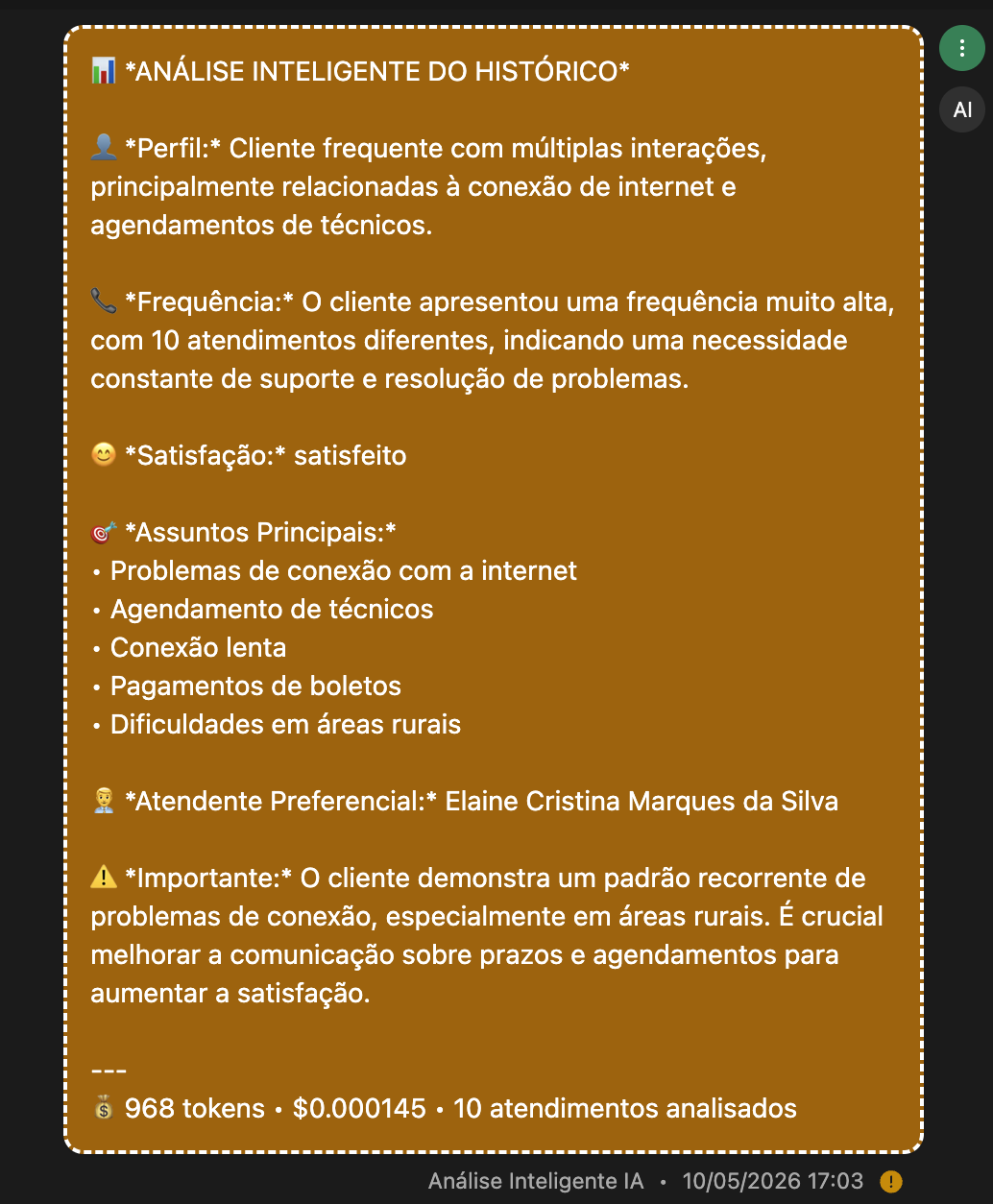 Resumo de comportamento e assuntos recorrentes do cliente